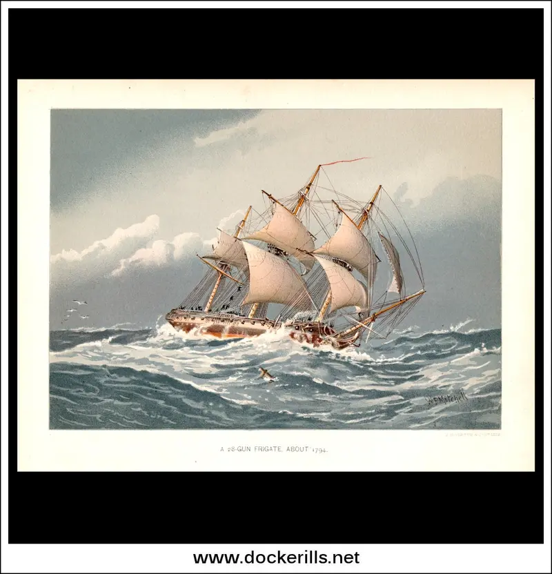 1794 Royal Navy Frigate – 28-Gun Vessel, Historical Engraving From C.1870 1