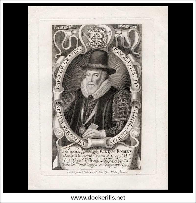 1800 Copperplate Engraving Of William Knollys, 1St Earl Of Banbury – Tudor Courtier Portrait 1