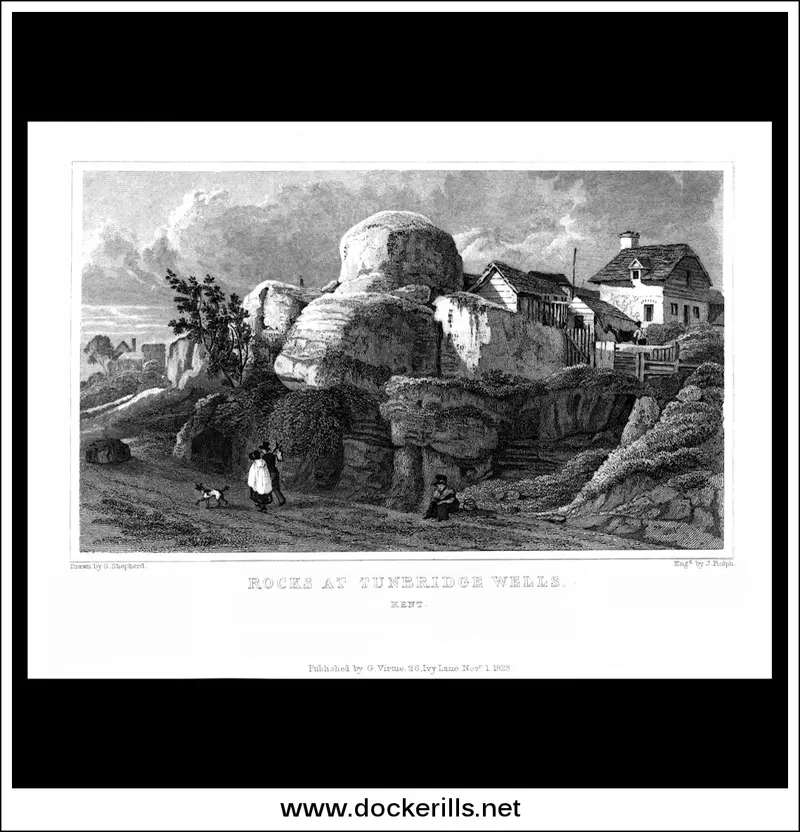 1828 Steel Engraving: 'Rocks At Tunbridge Wells', Kent, England 1