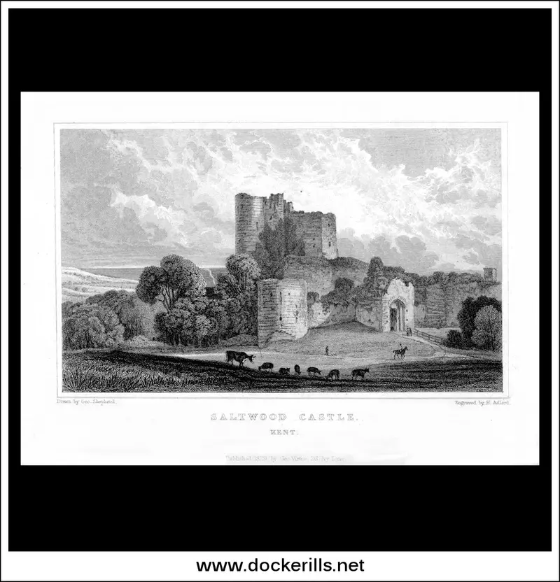 1829 Historical Steel Engraving Of Saltwood Castle, Kent, England 1