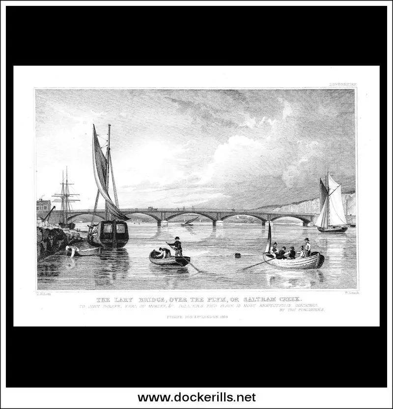 1829 Steel Engraving: Lary Bridge Over Plym (Saltram Creek), Devon – Historic River Crossing 1