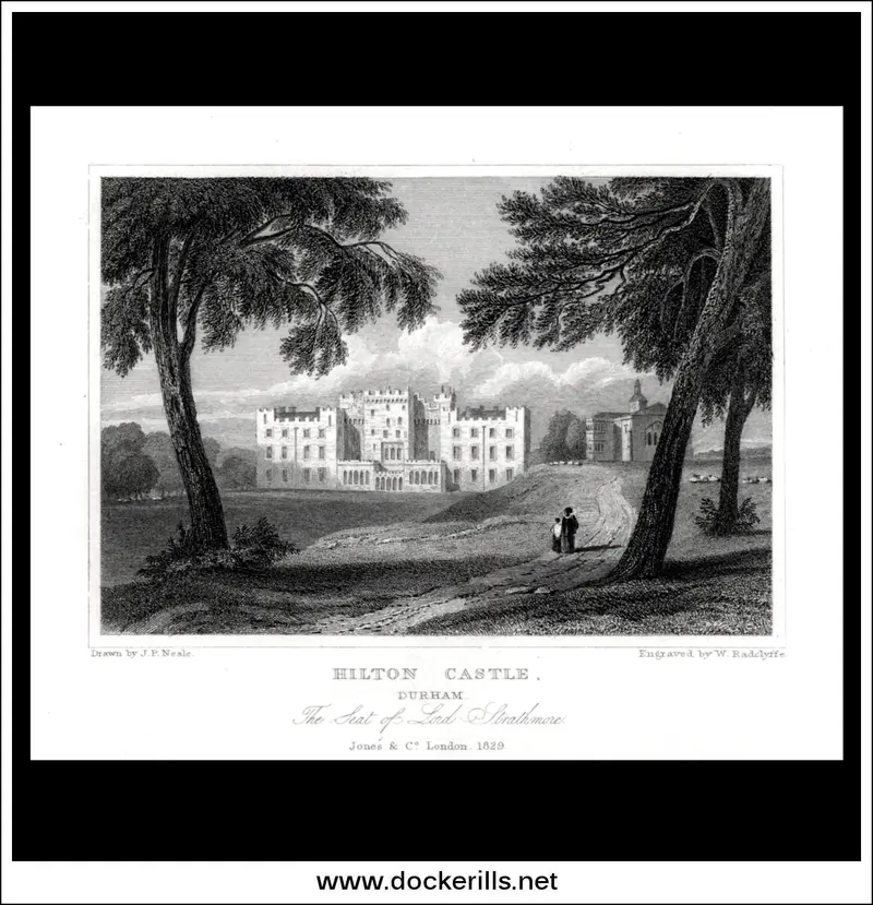 1829 Steel Engraving Of Hilton Castle, County Durham – Medieval Revival Country Seat 1