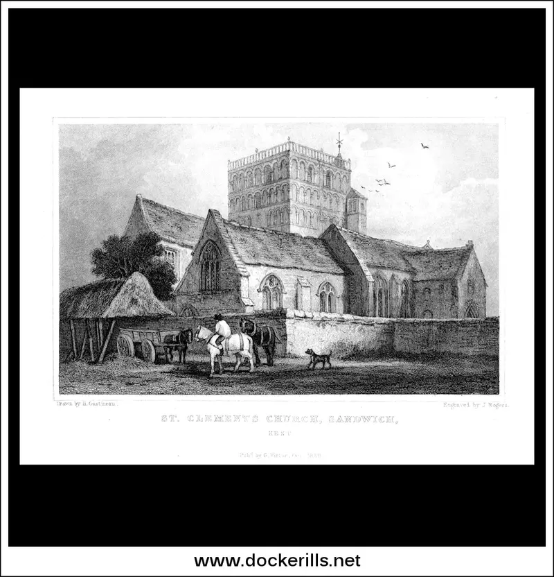 1829 Steel Engraving Of St. Clement’S Church In Sandwich, Kent, England 1
