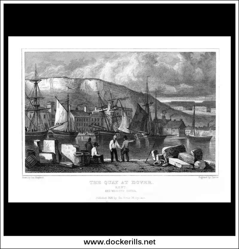 1829 Steel Engraving: 'The Quay At Dover & Wright'S Hotel', Kent, England 1