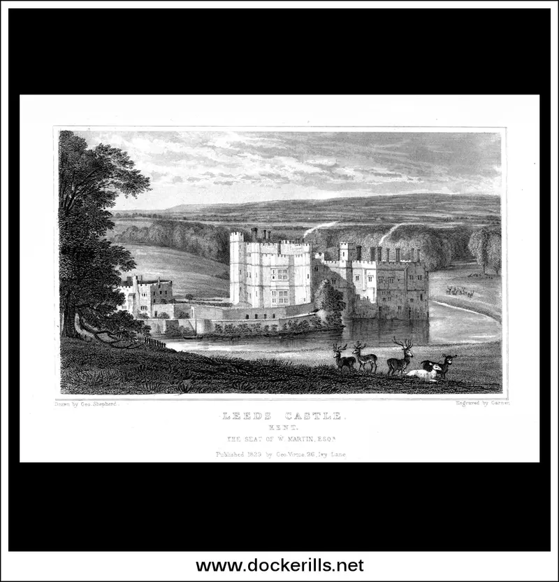 1829 Vintage Steel Engraving Depicting Leeds Castle In Kent, England 1