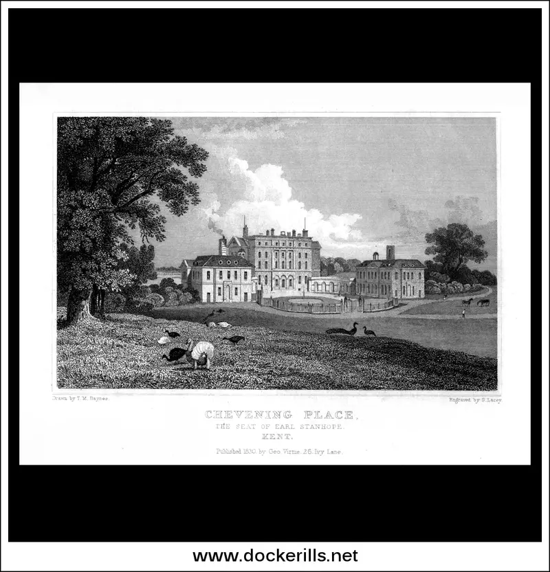 1830 Antique Steel Engraving Of Chevening Place, Kent, England 1