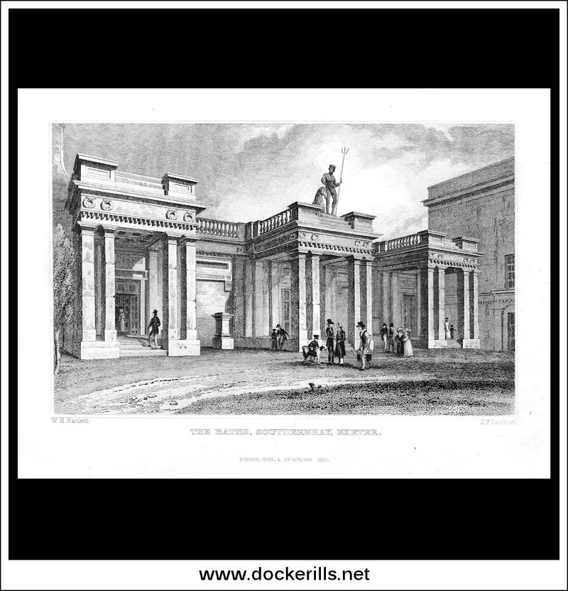 1830 Steel Engraving: The Baths At Southernhay, Exeter, Devon – Rare Antiquarian Print 1