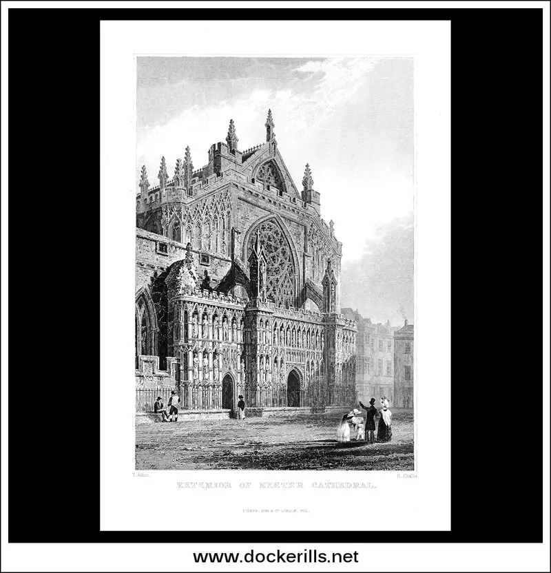 1831 Steel Engraving: Exterior View Of Exeter Cathedral, Devon, England – Antique Print 1