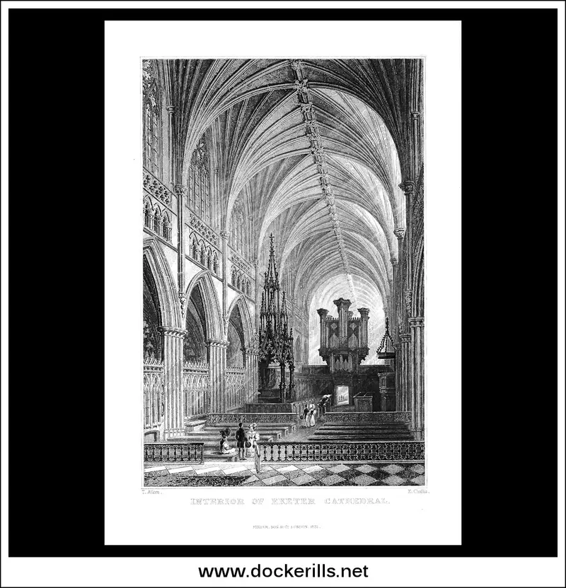 1831 Steel Engraving: Interior Of Exeter Cathedral, Devon – Historic English Antiquarian Print 1