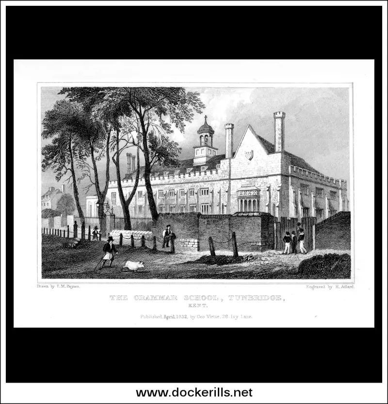 1832 Steel Engraving Of Tunbridge Grammar School, Kent, England 1