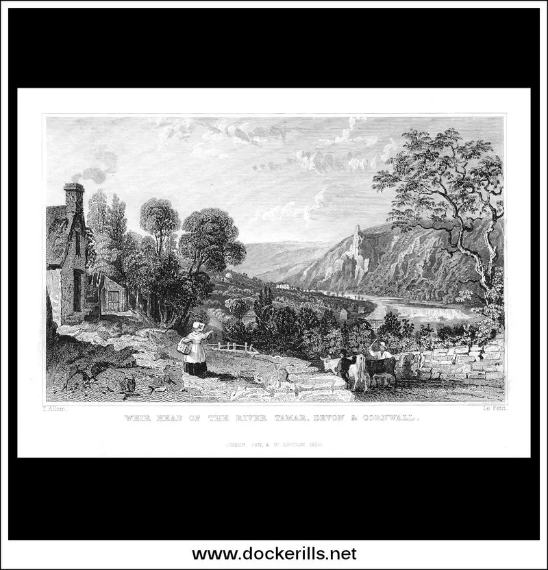 1832 Steel Engraving: Weir At Head Of The River Tamar, Devon – Historic River View 1