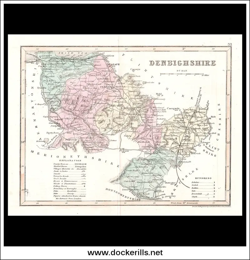 1846 Steel Engraving Cartographic Print Of Denbighshire, Wales 1