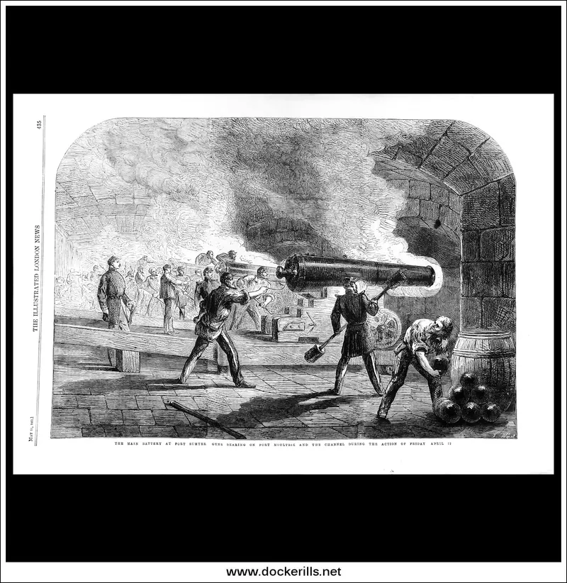 1861 Fort Sumter Main Battery In Action: Illustrated London News Battlefront Engraving 1