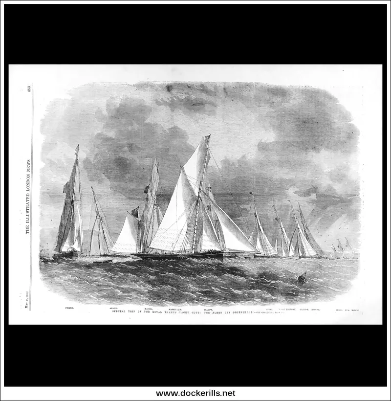 1861 Wood Engraving: Royal Thames Yacht Club Opening Cruise Off Greenhithe, Illustrated London News 1