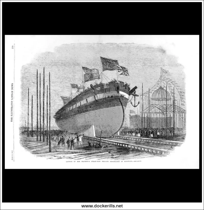 1862 Launch Of Hms Resistance Steam-Ram Frigate: Illustrated London News Industrial Engraving 1