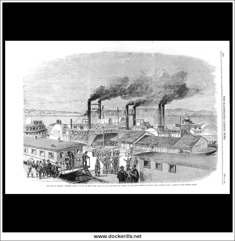 1863 American Civil War Scene: General Pope’S Division At Cairo Levee, Iln Engraving 1
