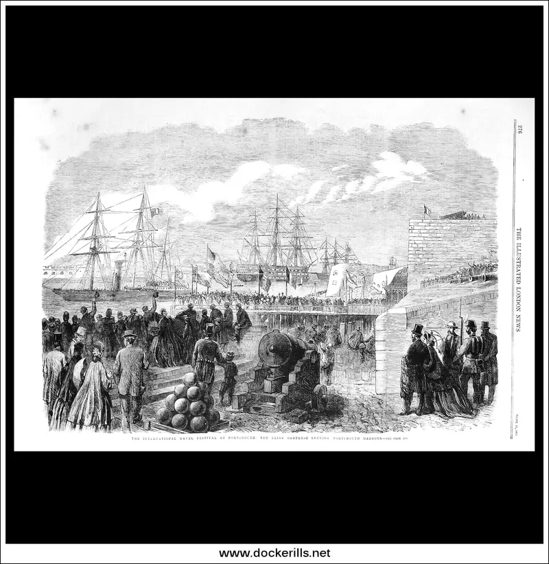 1865 Portsmouth Naval Festival – Reine Hortense Departing Harbour – Full-Page Wood Engraving From The Illustrated London News, September 16 1