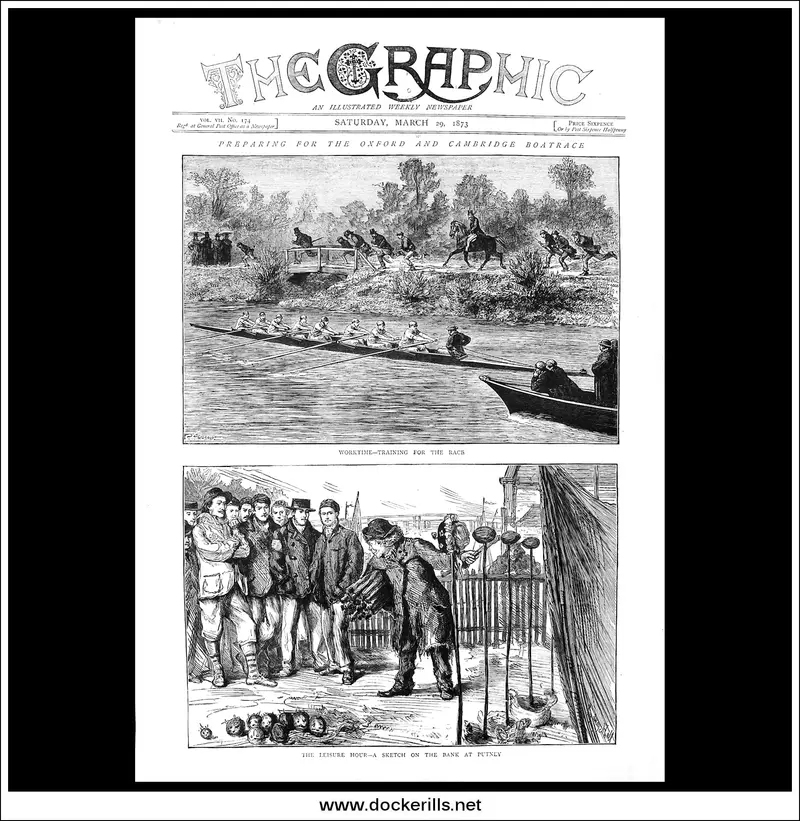 1873 Oxford Vs. Cambridge Boat Race Preparations: The Graphic Front Page Engraving 1