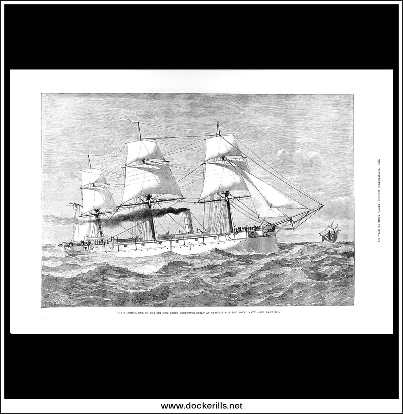 1879 Glasgow-Built Steel Corvette Hms Comus: Royal Navy Modernization, Iln Engraving 1