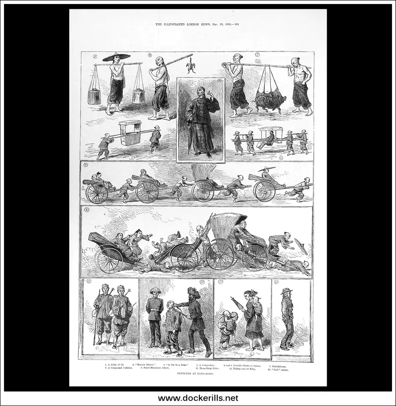 1882 Hong Kong Port Scenes: Illustrated London News Wood Engraving 1