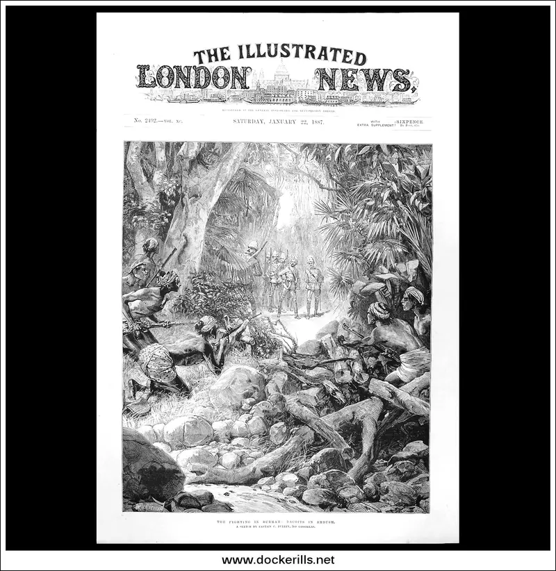 1887 Front-Page Engraving: Burmese Dacoits Laying Ambush, The Illustrated London News 1