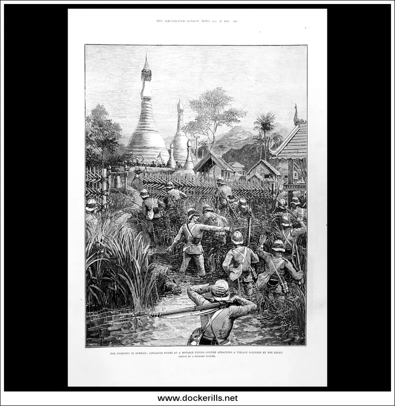 1887 Woodcut Scene: British Flying Column Advance In Burma, The Illustrated London News 1