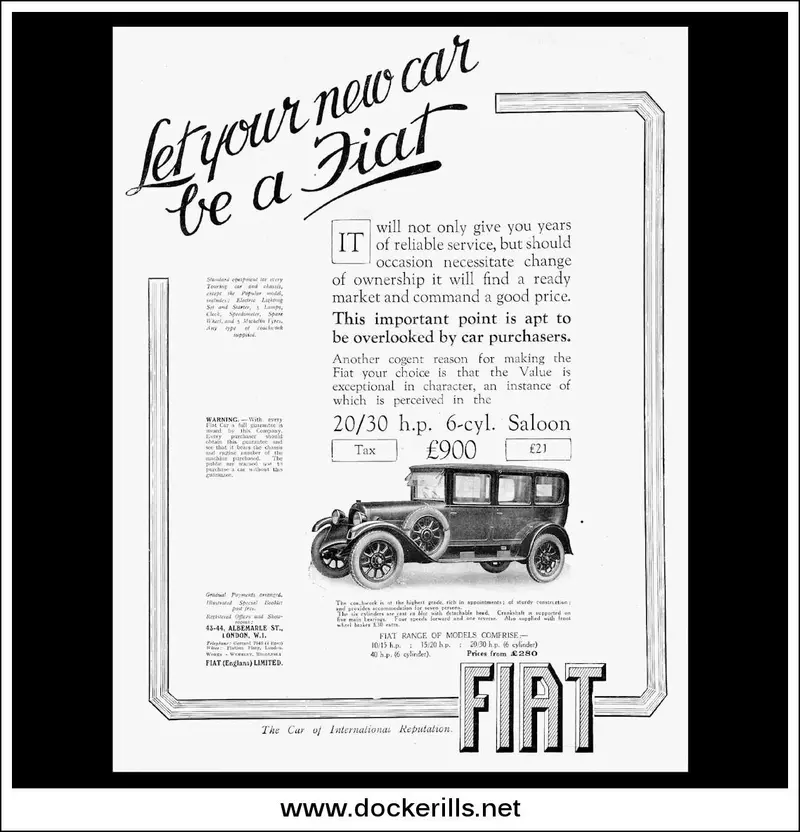 1925 Fiat 20/30 Hp Six-Cylinder Saloon Ad 1