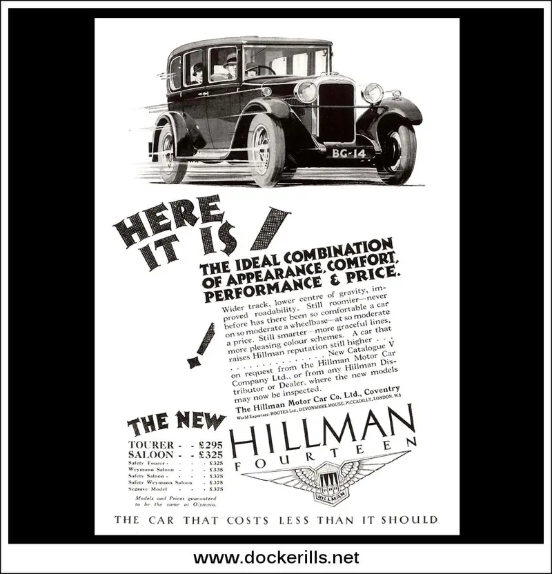 1928 Hillman '14' Fourteen Saloon Vintage Motor Brochure, September 12Th Edition 1