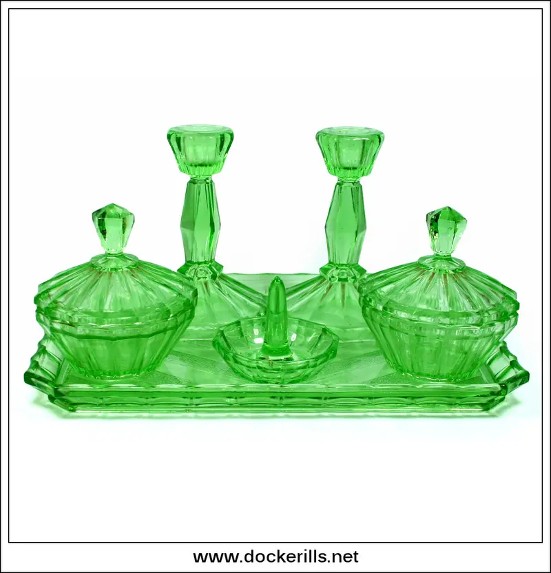 1930S Green Glass Art Deco Dressing Table Set – Vintage Vanity Ensemble 1