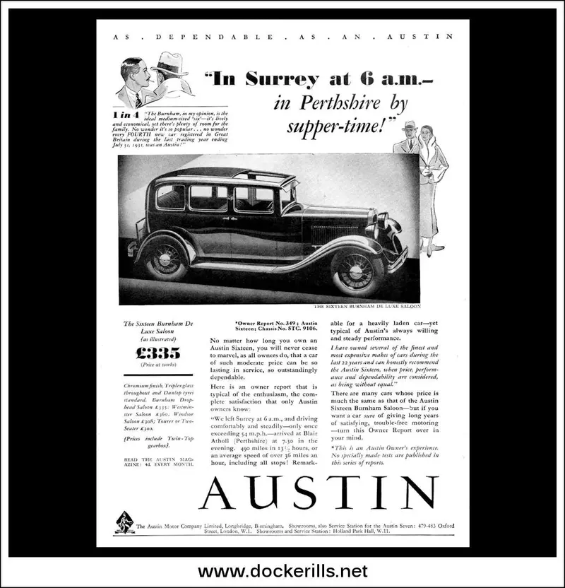 1932 Austin Sixteen Burnham De Luxe Saloon Vintage Ad – Authentic April 13Th Edition 1