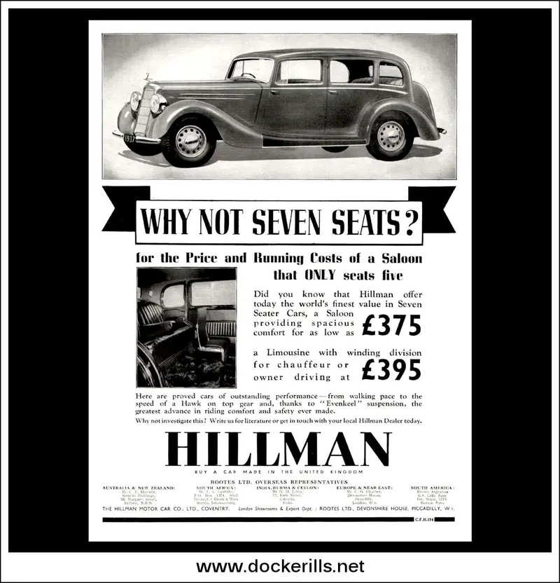 1937 Hillman Seven-Seater Limousine – Vintage Luxury Transport Advert 1