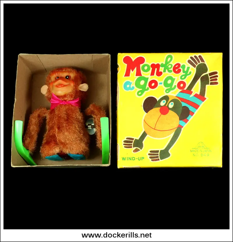 1950S Monkey A Go-Go Wind-Up Plush Toy By Fuji Press Kogyo, Japan (Model No. 693) 1