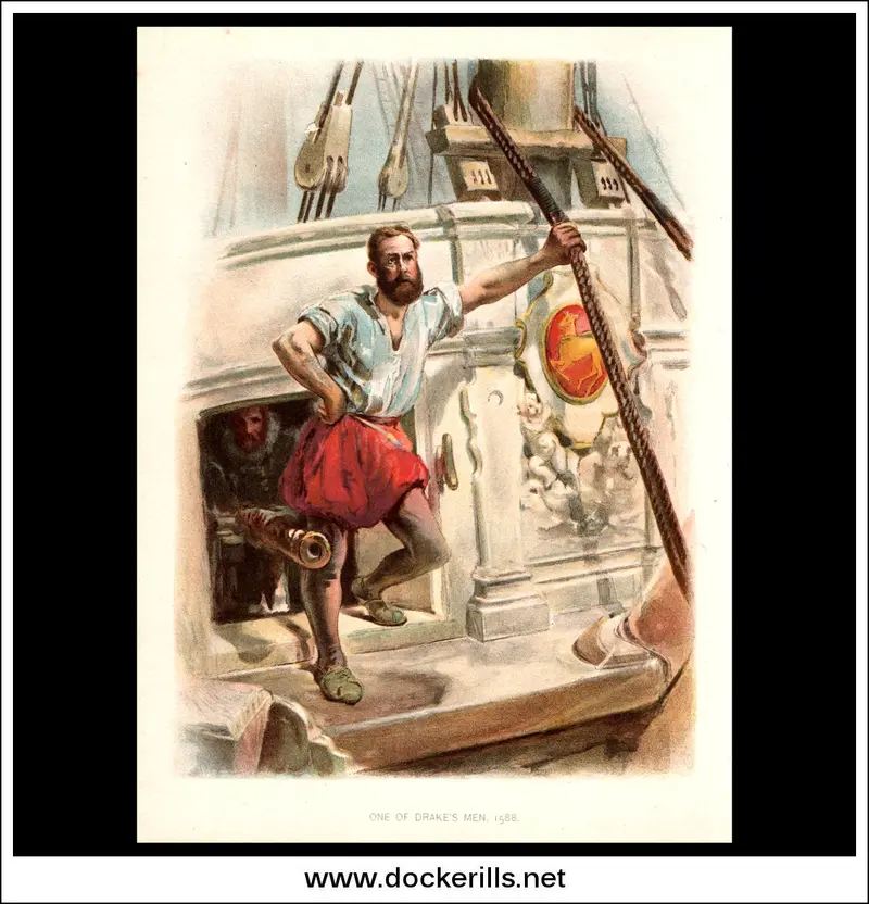 Antique Naval Print: Elizabethan Sailor From Drake’S Fleet, 1588, C.1890 1