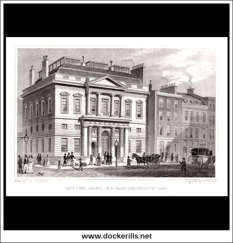Auction Mart, St Bartholomew’S Lane, London – 1829 Steel Engraving View 1