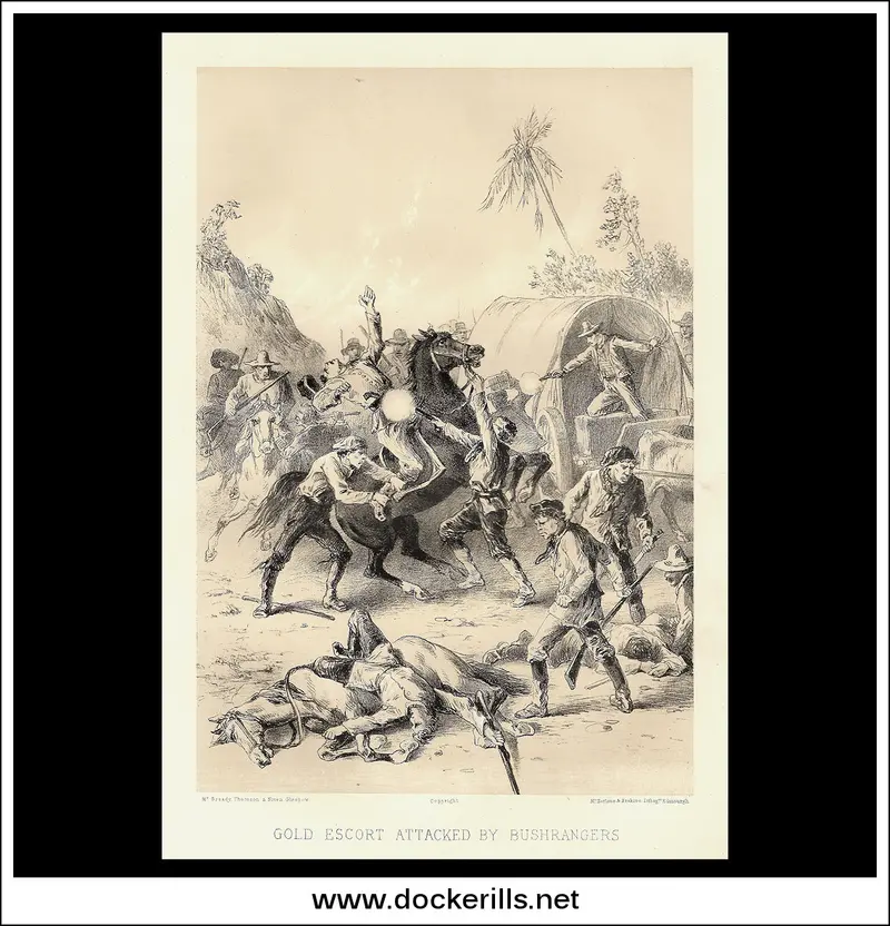 Australian Gold Escort Ambushed By Bushrangers 1879 Lithograph Print 1