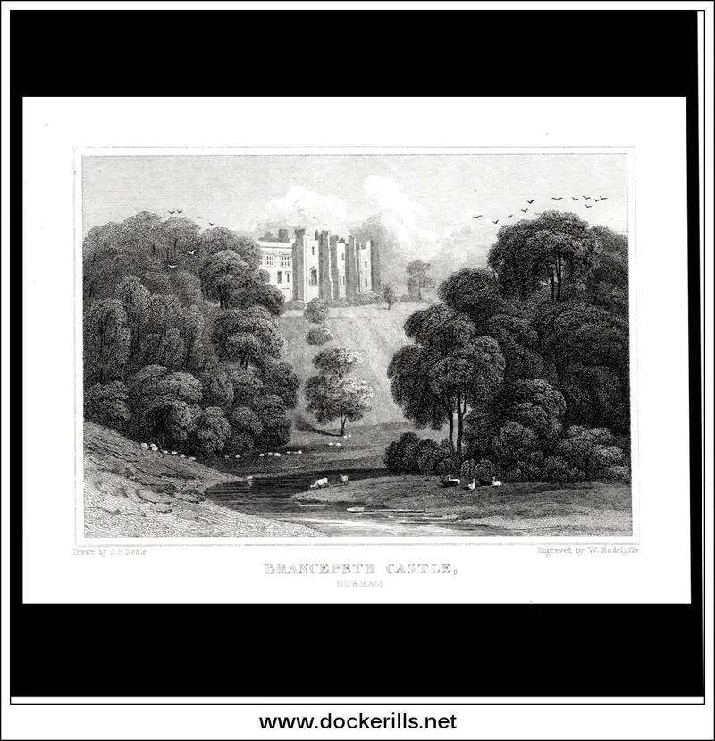 C. 1830 Steel Engraving Of Brancepeth Castle, County Durham – Norman-Style Stronghold In The North 1