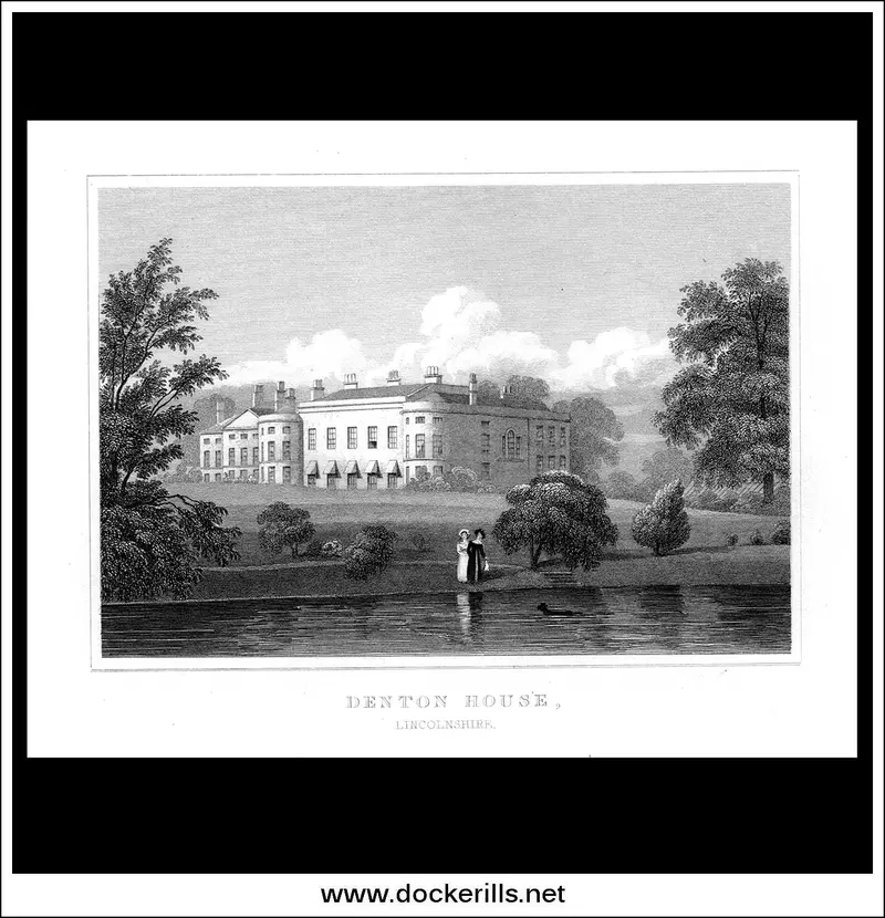 C. 1830 Steel Engraving Of Denton House, Lincolnshire – Classical-Style Rural Residence 1