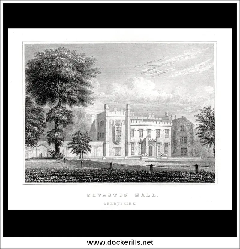 C. 1830 Steel Engraving Of Elvaston Castle (Formerly Elvaston Hall), Derbyshire – Gothic-Revival Estate 1