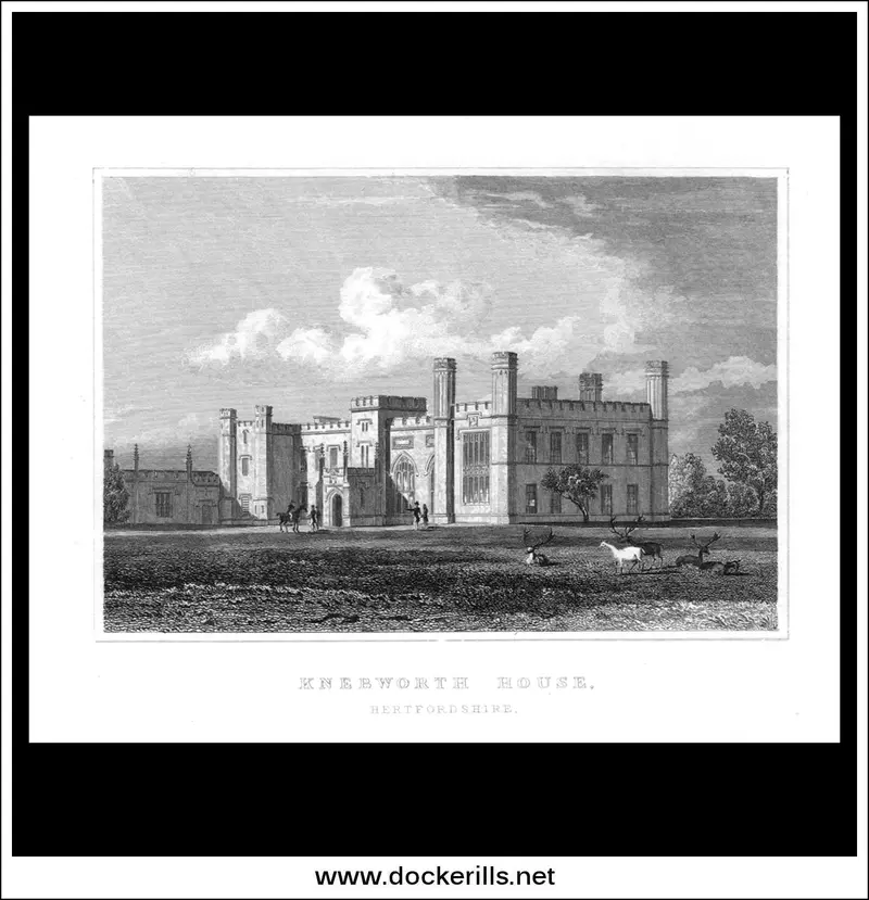 C. 1830 Steel Engraving Of Knebworth House, Hertfordshire – Gothic-Turreted Family Seat 1