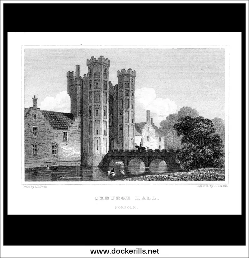 C. 1830 Steel Engraving Of Oxburgh Hall, Norfolk – Tudor Moated Mansion Print 1