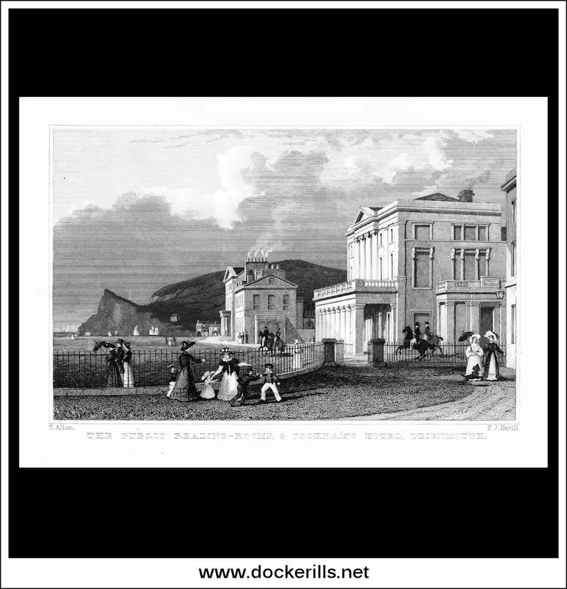 C.1830 Steel Engraving: Public Reading Rooms & Cockram’S Hotel, Teignmouth, Devon – Antique View 1
