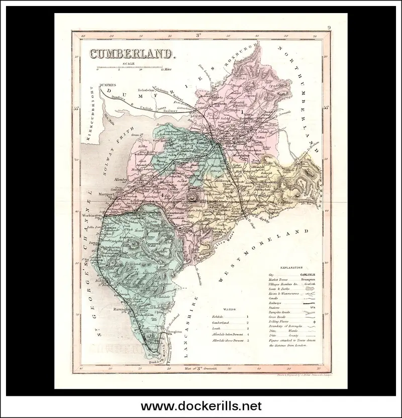 Cumberland County Map, England – 1846 Steel Engraving Antique Print 1
