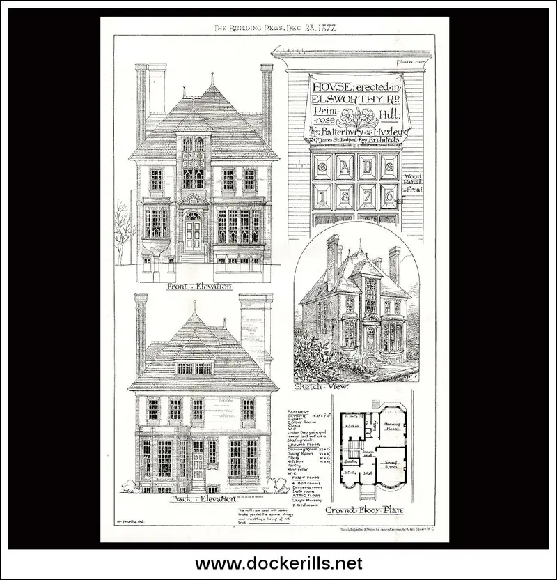 Elsworthy Road Residence, Primrose Hill London Building News Lithograph 1877 1