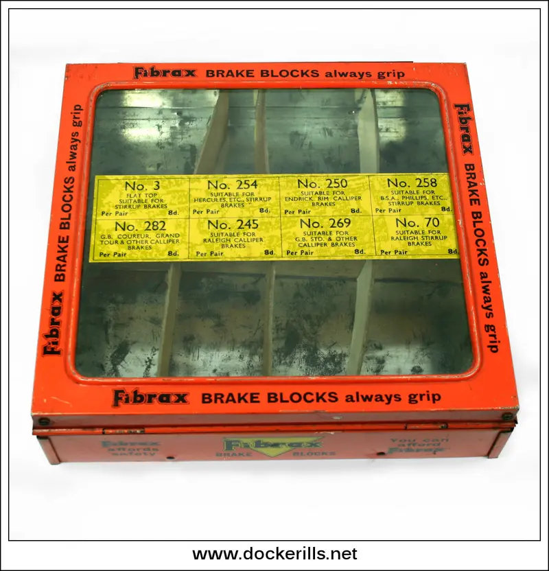Fibrax Bicycle Brake Blocks – Vintage Tin-Plate Shop Display Container 1