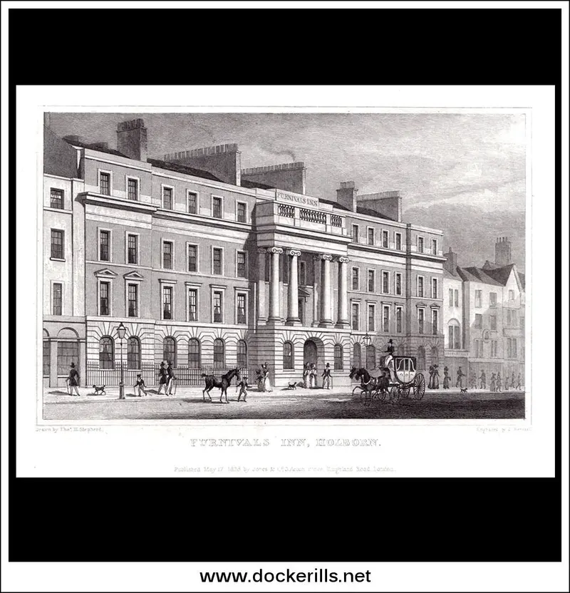Furnival’S Inn, Holborn, London – 1828 Steel Engraving Architectural Print 1
