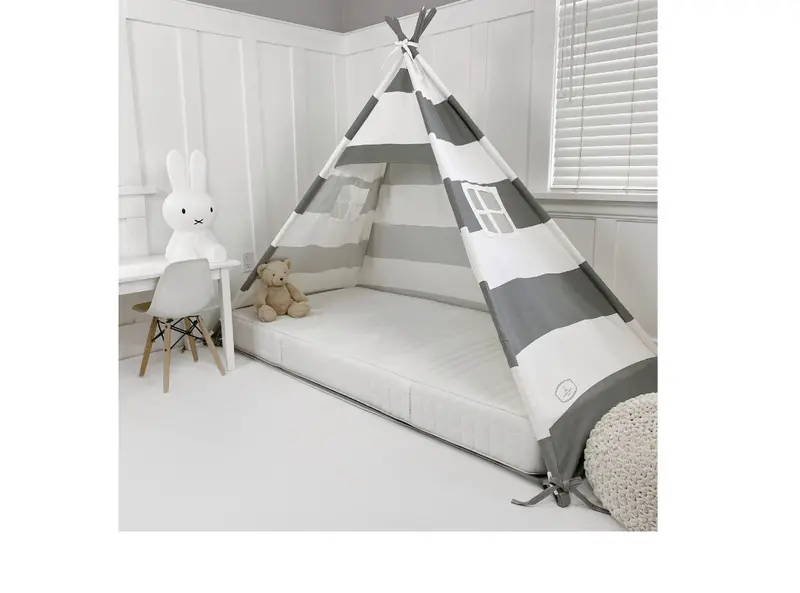 Grey & White Striped Canopy Play Tent – Soft Cotton Bed Tent Design 1