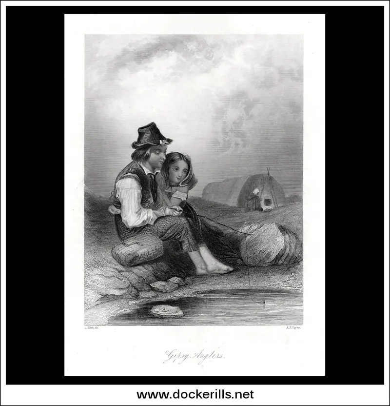 Gypsy Anglers By L. Hicks – Antique Steel Engraving, 1845 1