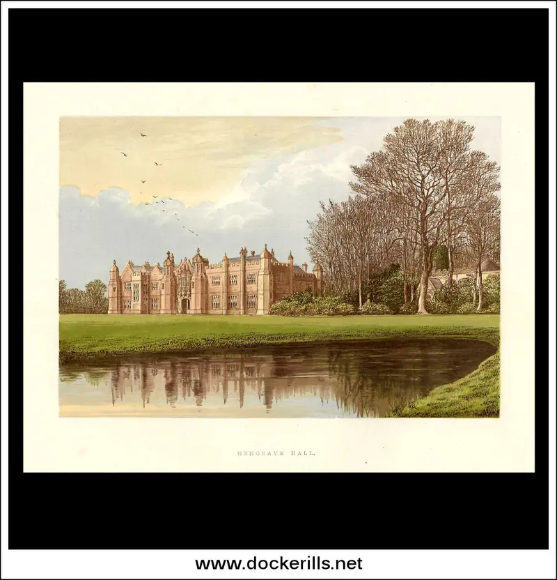 Hengrave Hall, Suffolk, England – Historic 1880 Chromoxylograph Estate Print 1