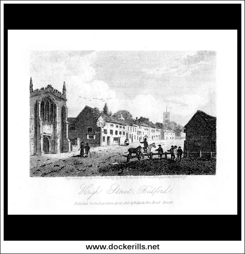 High Street, Bedford: 1818 Copperplate Engraved Town View 1