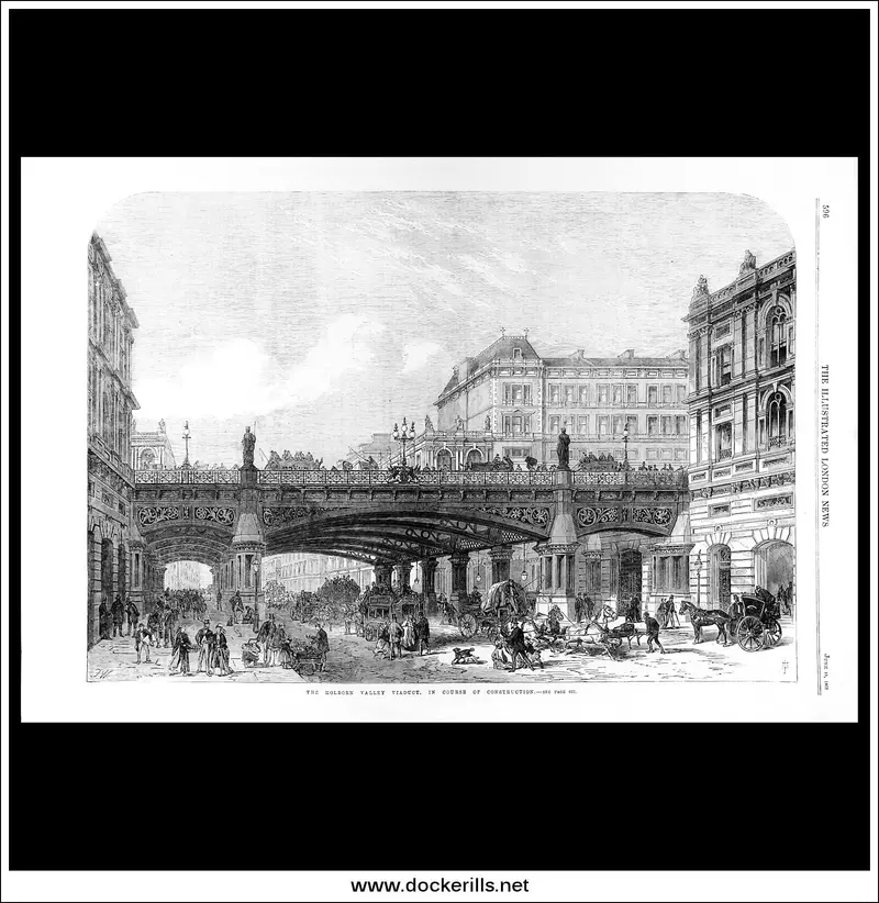Holborn Valley Viaduct Under Construction, 1867 – Vintage Wood Engraving From The Illustrated London News 1